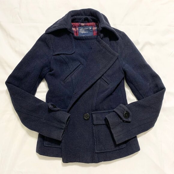 VTG Y2K American Eagle Pea Coat Jacket Quilted Plaid Lining Outer Wool Blend - Picture 6 of 7